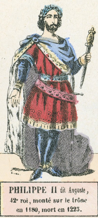 II. Philippe dit Auguste, 42. király, 1180-ban lépett trónra, 1223-ban halt meg (színes metszet) alkotó: French School