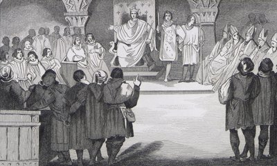 Philippe IV (1268-1314) le Bel újra egyesíti az államokat a Louvre-ban, Colart „Histoire de France” című művéből, amely 1840 körül jelent meg. alkotó: French School