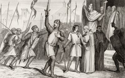 I. Fülöp (1052-1108) és II. Urbán pápa (kb. 1035-99) az 1095-ös első keresztes hadjáratra hívják össze Colart „Histoire de France” című művéből, amely 1840 körül jelent meg. alkotó: French School