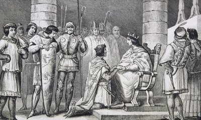 VI. Philippe (1293-1350) de Valois III. Edward (1312-77) angol előtt tiszteleg, de csak mint Aquitánia hercege, Colart „Histoire de France” című művéből, amelyet 1840 körül adtak ki. alkotó: French School