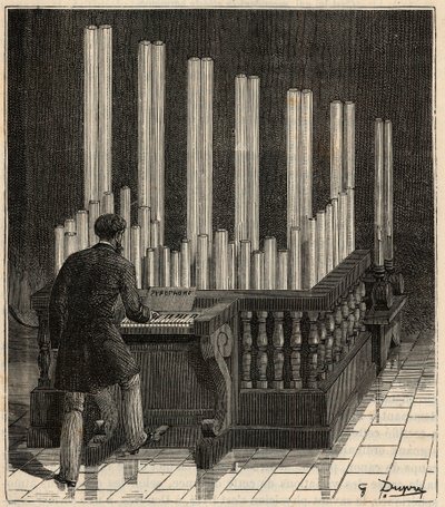 Piano a Gaz - (Gázorgona) Pirofon (tűz/robbanó orgona) (tűz-/robbanás-kalliópa) Metszet a „”-ba A tudományok mindenki kapujába kerültek - Népszerű fizika és kémia, Alexis Clerc - 19. század vége - Magángyűjtemény alkotó: French School