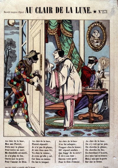Pierrot, Harlequin és a szomszéd, beteg. az „Au clair de la lune” című dalból, Epinal képe alkotó: French School
