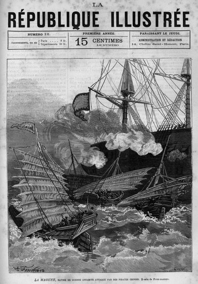 Kalózkodás: a „La Magune” Annamite hadihajót kínai kalózok támadták meg. Egy újság. Metszet 1880-ból a „La republique illustree”” magángyűjteményben. alkotó: French School