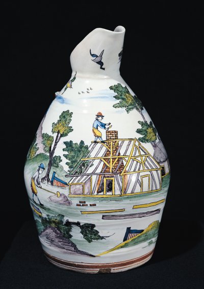 Egy épület építését ábrázoló kancsó, Sinceny, 1740-50 körül (fajansz) alkotó: French School