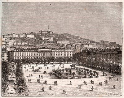 Place Bellecour vagy Place Louis-le-Grand - la plus grande place de Lyon - "La France illustree: földrajz, történelem, statisztikai igazgatás" metszet, V.-A. Maláta-barna. 1884 alkotó: French School
