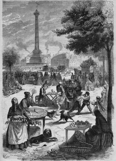 A Place de la Bastille egy szeptemberi vasárnapon. Metszet Pignard 1865-ös vázlata után. alkotó: French School