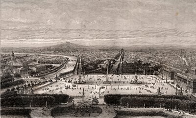 Place de la Concorde Párizsban – „La France illustree: földrajz, történelem, statisztikai közigazgatás” metszet, V.A. Maláta-barna. 1884 alkotó: French School