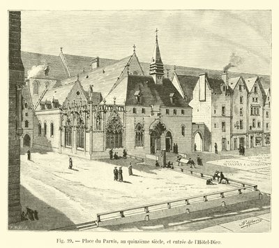 Place du Parvis, a tizenötödik században, és a Hôtel-Dieu bejárata alkotó: French School