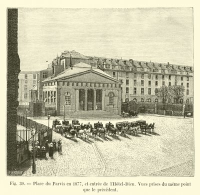 A Place du Parvis 1877-ben és a Hôtel-Dieu bejárata, a kilátás ugyanarról a pontról, mint az előző alkotó: French School
