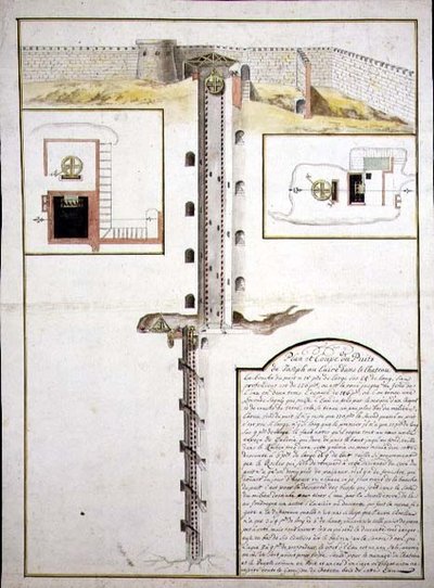 Egy kút alaprajza és keresztmetszete, 1700 körül (akvarell, papír) alkotó: French School