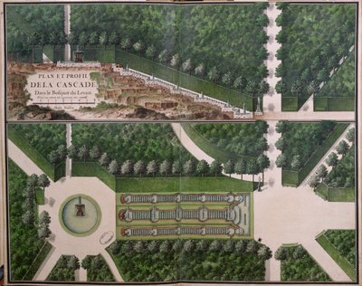 A Levant ligetben lévő kaszkád terve és keresztmetszete a Gardens at Marlyból, 18. század eleje (wc papíron) (lásd még: 174228) alkotó: French School