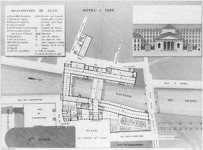 A párizsi Hotel-Dieu térképe, a Description des Hopitaux de Paris illusztrációja, Jacques Etienne Thierry (1750-1832) vésette Bessat után, 1808 alkotó: French School