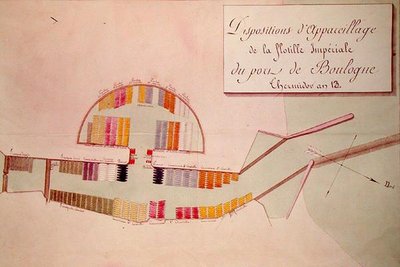 A Boulogne-i kikötőben lévő császári flottilla terve 1804. január 17-én (toll, tinta és WC papíron) alkotó: French School