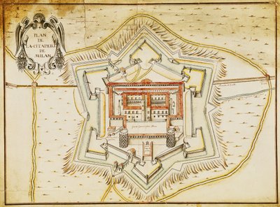 Milánó fellegvárának terve (toll, tinta és wc papíron) alkotó: French School