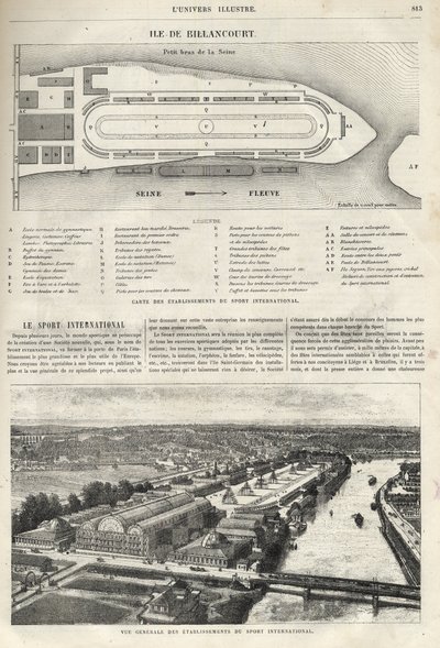 A Billancourt szigeten 1869-ben megépülendő Nemzetközi Sport létrehozásának terve - általános kép a nemzetközi sportág létesítményeiről Billancourt szigetén 1869-ben alkotó: French School