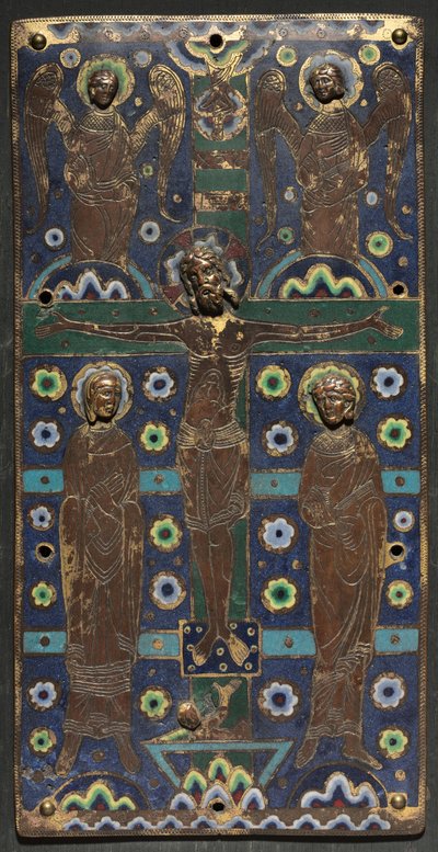 Emléktábla egy könyvborítóról a keresztre feszítéssel, 1200-as évek eleje (réz: aranyozott, vésett, hajszolt; champlevé zománc; fa mag) alkotó: French School