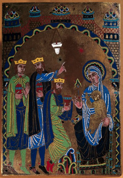A grandmonti apátság főoltárának emléktáblája: A mágusok imádása. Zománc dore és véső rézen. 1275-1300. Limoges-ból. Párizs, Középkori Nemzeti Múzeum, Thermes de Cluny alkotó: French School