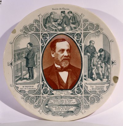 Tányér Pierre Petit (1832-1909) Louis Pasteur (1822-95) fényképével és életének jeleneteivel (kerámia) alkotó: French School
