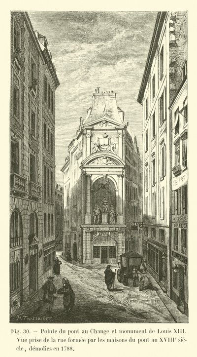 A Pont au Változás pontja és XIII. Lajos emlékműve, Kilátás a 1788-ban lebontott híd házai által alkotott utcáról a 18. században alkotó: French School
