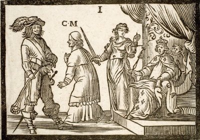 Politikai füzetek Mazarinade: Mazarint a Justice and Sling száműzte, elhagyja a királyt (XIII. Lajos). Vésett fa 1651. alkotó: French School