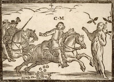 Politikai füzetek Mazarinade: Mazarin repülés közben leejti az ekusokat: Concini, Horgony marsalljának árnyéka áll előtte. Vésett fa 1651. alkotó: French School