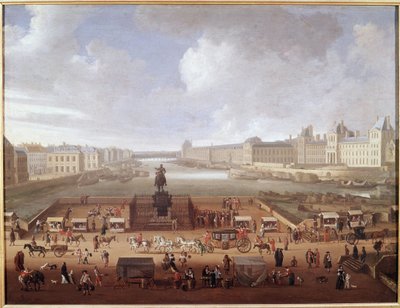 Pont-Neuf, Párizs, a Place Dauphine bejárata felől nézve, amelyen a 4 Nations College, a Quai Malaquais és a Louvre látható (olaj, vászon alkotó: French School