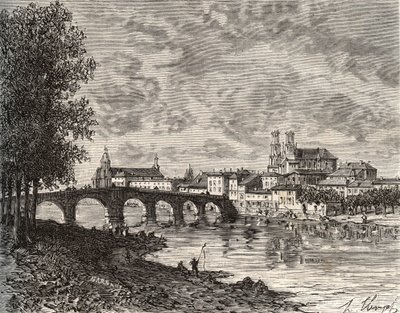 Pont-a-Mousson (Pont a Mousson) - Meurthe-et-Moselle - metszet „Franciaország illusztrálva: földrajz, történelem, statisztikai igazgatás” V.-A. Malátabarna. 1884 alkotó: French School