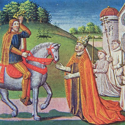 I. Adrián pápa találkozik Nagy Károlyral, miniatűr a „Franciaország krónikáiból”, A. Verard, Párizs alkotó: French School