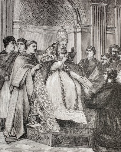 IX. Gergely pápa átadja a dekrétumokat a konzisztórium egyik szószólójának, Paul Lacroix „Katonai és vallási élet a középkorban” című művéből, London, 1880 körül. alkotó: French School