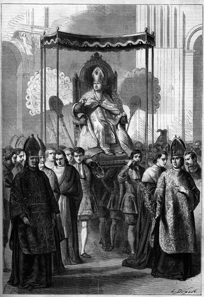 IX. Pius pápa (1792-1878) 1861. virágvasárnapján körmenettel tart a római (Olaszország) Szent Péter-templomhoz. Metszet a „Le Monde Illustré” 209. sz. 1861. április 13-án. alkotó: French School