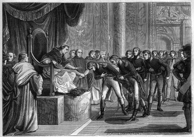 VII. Pius pápa (1742-1823) Rómában fogadta a két „Szent Péter” és „Szent Pál” tégla legénységének francia tengerészeit” Bonaparte ajándékba ajánlotta a pápának, 1802. augusztus – 1865-ös metszet a „Histoire”-ban du Consulate et de l