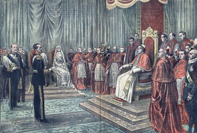 XI. Pius pápa ünnepélyes audiencián fogadja Spanyolország uralkodóit a "Le Pelerin"-ben. alkotó: French School