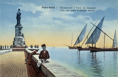 Port Said postcard. Monument dedicated to Fernand de Lesseps with views of the port and the sea. Around 1900 (postcard) alkotó: French School