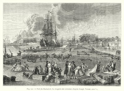 Rochefort kikötője, a gyarmati bolt; Joseph Vernet után 18. század (metszet) alkotó: French School