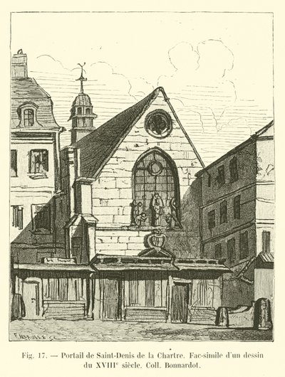 Saint-Denis de la Chartre portálja, egy 18. századi Coll Bonnardot rajz fakszimile alkotó: French School
