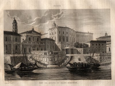 Porto di Ripetta és Palazzo Borghese – Róma – Metszet a „festői Olaszországból” – Olaszország történelmi és leíró festménye”, M. de Norvins, Ch. Nodier 1834-1836. alkotó: French School