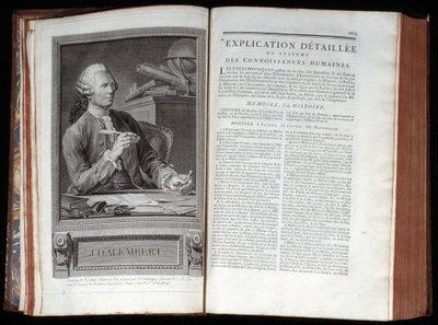 Alembert portréja és a Diderot and Alembert Encyclopedia szövegoldala alkotó: French School