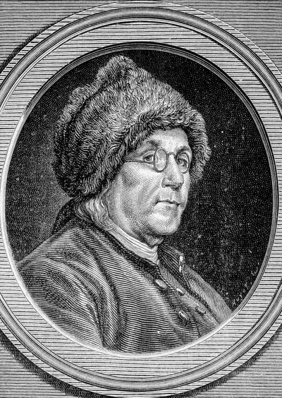 Benjamin Franklin (1706 - 1790), politikus, emlékező, röpiratíró és amerikai fizikus portréja – az Album de la Science című kiadványban; jeles tudósok; Nagy felfedezések””” 1896. alkotó: French School