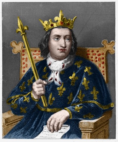 V. Bölcs Károly (1338-1380), francia király portréja – Lavallee „” Histoire des Francais” című könyvében, metszet, sd. alkotó: French School