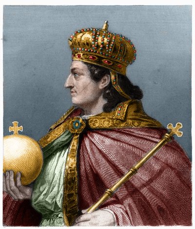 II. Childebert (v. 570 - 596), Ausztrália királyának portréja - Lavallee „Histoire des Francais”-jában, metszet, sd. alkotó: French School