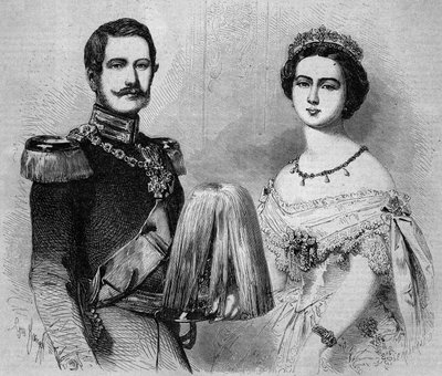 Frigyes Guilllaume porosz portréja (1831-1888, leendő III. Frigyes porosz király és német császár) és menyasszonya, Viktória angol hercegnő (1840-1901) portréja. Metszet a „” Le Monde Illustré”” 41. számban, 1858. január 23-án. alkotó: French School