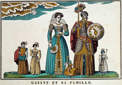 A Douai városát jelképező óriás, Gayant portréja családjával: feleségével, Marie Cagenonnal és három gyermekével, Jacquot-val, Fillonnal és Binbinnel ábrázolja. 18. századi metszet, Belfort képei. Ferrand kollekció alkotó: French School