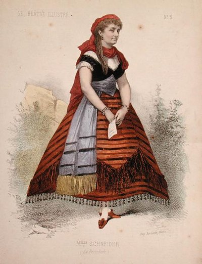 Hortense Schneider (1833-1920) portréja La Perichole szerepében Jacques Offenbach (1819-90) azonos című operettjében, illusztráció a „Le Theater Illustre”-ből (színes litó) alkotó: French School