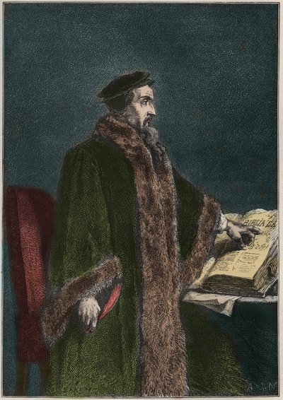 Jean Calvin (Jean Cauvin) (1509-1564), francia vallási reformátor és író portréja - John Calvin - metszet a „Franciaország története az unokáimnak mesélt” című könyvéből” - Francois Guizot - 1872-1876 alkotó: French School