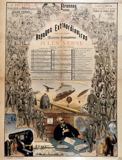Jules Verne portréja és műveinek jelenetei - Teljes műveinek reklámplakátja alkotó: French School