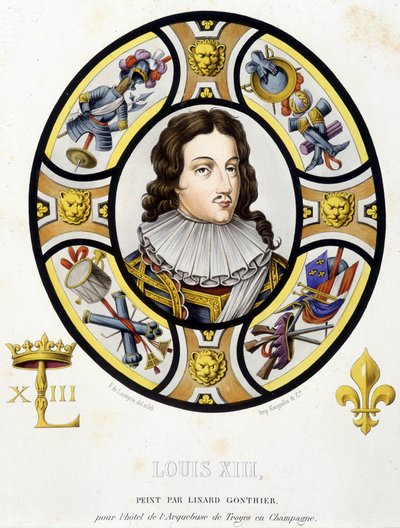 XIII. Lajos francia király (1601-1643) portréja. Egy középkori ólomüveg fakszimile a „Histoire de la peinture sur verre”-ben, Ferdinand de Lasteyrie alkotó: French School