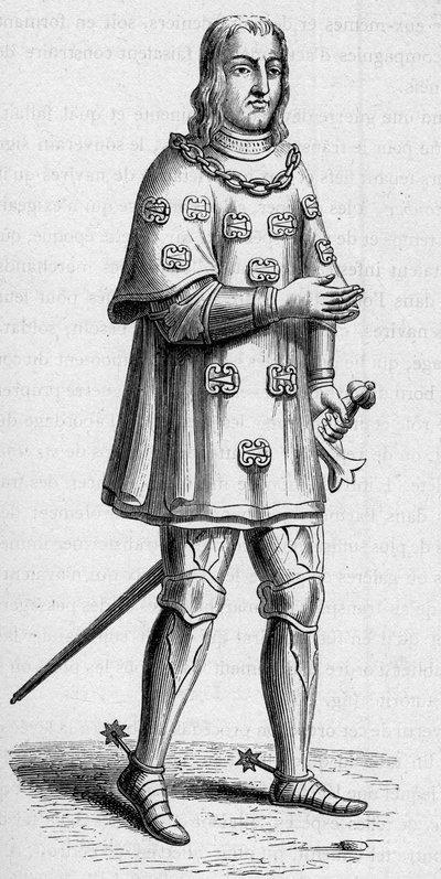 Louis de Malet, Graville urának (kb. 1441-kb. 1519), Franciaország admirálisának 1487-es portréja háborús és tornajelmezben. Gravírozás: „A haditengerészet és a gyarmatok: kereskedelem” alkotó: French School
