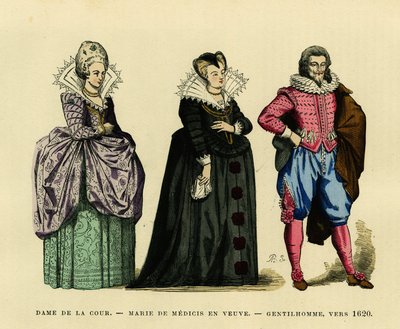 Marie de Medicis (1573-1642), francia királynő portréja, özvegyi szokásban, udvarhölgy és egy úriember körülvéve, 1620 körül. Színes metszet, „France et les francais a travers les siecles”-ben. Augustin Challamel, F. Roy szerkesztő, Paris 18 alkotó: French School