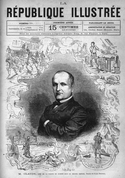 Monsieur Claude (Antoine Francois Claude dit) (1807-1880), francia rendőr és író, a Második Birodalom biztonsági rendőrségének főnöke portréja. Egy újság. Metszet 1880-ból a „La republique illustree”” magángyűjteményben. alkotó: French School