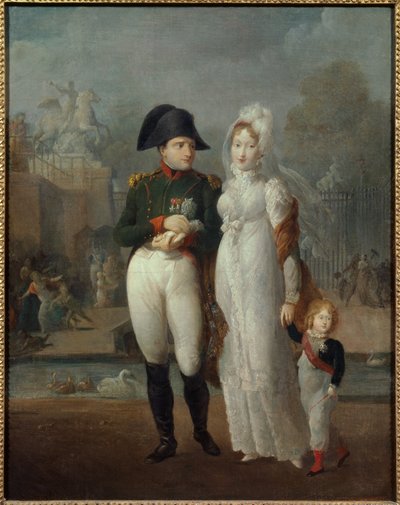 I. Napóleon (1769-1821) és Mary Louise portréja fiukkal, II. Napóleon római királlyal, Reichstadt hercegével a Tuileriák-kert névtelen festményén. 19. századi magángyűjtemény - I. Napóleon (1769-1821) és Marie Louise portréja alkotó: French School